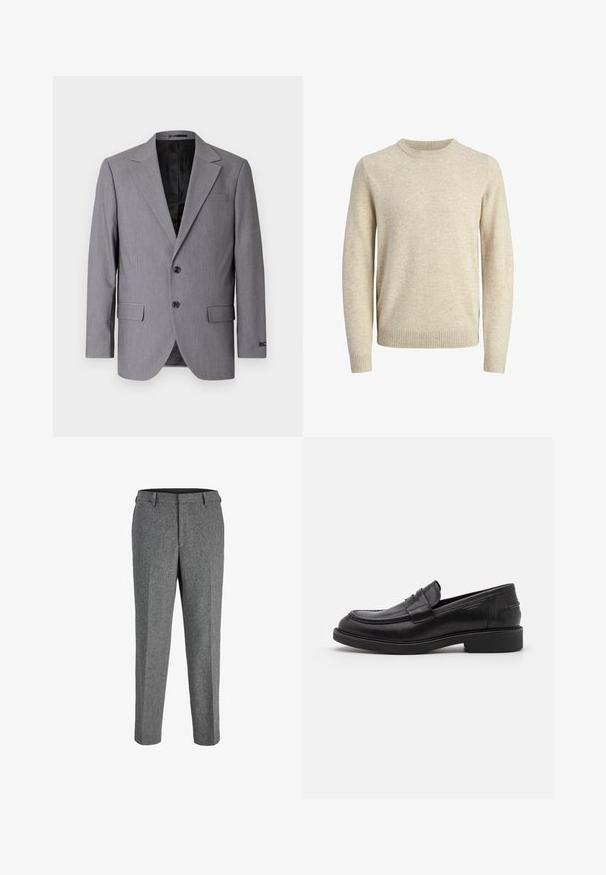 Grauer Blazer mit glatter Textur, einreihigem Design, Reverskragen, zwei Knöpfen und zwei Seitentaschen; gefüttertes Innenfutter sichtbar.; Beige gestrickter Pullover aus weichem Material, mit einem gerippten Rundhalsausschnitt, langen Ärmeln sowie gerippten Bündchen und Saum.; Graue Wollmischhosen mit geradem Schnitt, ausgestattet mit flacher Vorderseite, Gürtelschlaufen und einer strukturierten Oberfläche.; Schwarze Lederloafer mit abgerundetem Zeh, farblich abgestimmtem Nähen und einem Riemendetail an der Vorderseite. Gummi-Sohle mit niedrigem Absatz.