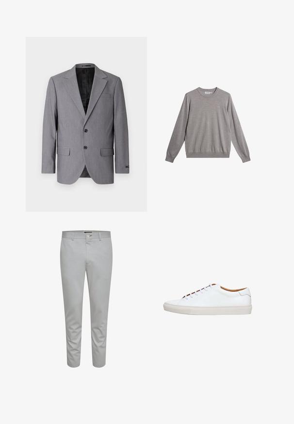 Grauer Blazer mit glatter Textur, einreihigem Design, Reverskragen, zwei Knöpfen und zwei Seitentaschen; gefüttertes Innenfutter sichtbar.; Grauer Pullover aus weichem Material, mit Rundhalsausschnitt, gerippten Bündchen und Saum sowie einem dezenten Logo auf der Vorderseite.; Hellgraue, maßgeschneiderte Hose mit glatter Textur, ausgestattet mit einem Knopfverschluss, Gürtelschlaufen und Fronttaschen. Design in knöchellanger, verkürzter Form.; Weißer Ledersneaker mit einer strukturierten Gummisohle, rundem Zehenbereich und kontrastierendem, braunem Innenfutter. Verfügt über fünf Ösen und weiße Schnürsenkel.
