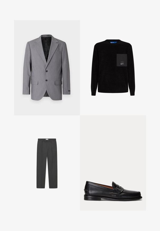 Blazer gris avec une texture lisse, design à boutonnière simple, revers crantés, deux boutons et deux poches latérales ; intérieur doublé visible.; Pull noir à col rond et manches longues, en tissu texturé, avec une poche poitrine noire et un petit patch logo.; Pantalons taillés gris avec un motif à carreaux subtil, un tissage texturé et des plis à l'avant, comportant une taille avec passants de ceinture.; Mocassin en cuir noir avec un petit talon et une bride penny, vu de côté sur un fond gris clair.