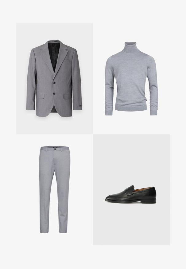 Grauer Blazer mit glatter Textur, einreihigem Design, Reverskragen, zwei Knöpfen und zwei Seitentaschen; gefüttertes Innenfutter sichtbar.; Grauer Rollkragenpullover aus weichem Strickstoff. Mit langen Ärmeln und einer figurbetonten Passform, verfügt über gerippte Bündchen und Saum. Einfache, glatte Textur.; Grau gemusterte Hose aus Stoff mit glatter Textur. Verfügt über einen Knopfverschluss und ein schmal zulaufendes Design.; Schwarze Leder-Slipper mit runder Zehenform, dezenten gestickten Details und niedrigem Absatz, ausgestattet mit glatter Textur und minimalistischem Design.
