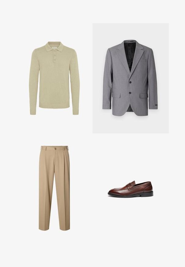 Blazer gris con textura suave, diseño de un solo botón, solapas muesca, dos botones y dos bolsillos laterales; interior forrado visible.; Suéter de polo de manga larga color beige, hecho de tela de punto acanalado, con una tapeta de tres botones y puños y dobladillo acanalados. Diseño de cuello clásico.; Pantalones beige a medida con pinzas delanteras, trabillas para cinturón, cierre de botón y diseño de pierna recta.; Mocasines de cuero marrón con un acabado suave, puntera redondeada, tira decorativa y suela de goma negra. Presentan un detalle de costura mínima.