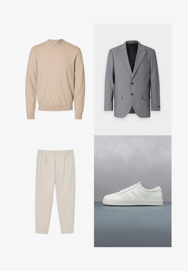 Blazer gris con textura suave, diseño de un solo botón, solapas muesca, dos botones y dos bolsillos laterales; interior forrado visible.; Jersey beige de manga larga y cuello redondo, hecho de tela de punto suave, con puños y dobladillo acanalados, diseñado para hombres.; Pantalones de color beige claro, ajustados, con pliegues en la cintura, bolsillos laterales y cintura elástica, mostrados planos sobre fondo blanco.; Zapatilla baja blanca con detalle de cordones, paneles de cuero texturizado y un sutil logotipo en el costado, sobre un fondo claro y liso.