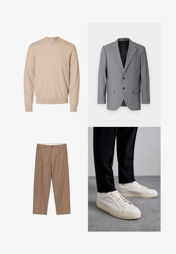 Grijze blazer met een gladde textuur, enkelvoudig gekleed ontwerp, notch revers, twee knopen en twee zijzakken; gevoerde binnenkant zichtbaar.; Beige trui met lange mouwen en ronde hals van zachte gebreide stof, met geribbelde boorden en zoom, ontworpen voor heren.; Beige recht gesneden herenkledingbroek met lussen voor een riem, een knoop aan de voorkant, een ritssluiting en zijzakken, plat uitgestald op een witte achtergrond.; Lichtbeige leren sneakers met platte veters, een gestructureerd oppervlak en een contrasterende crème-kleurige rubberen zool, gecombineerd met zwarte taps toelopende broek.