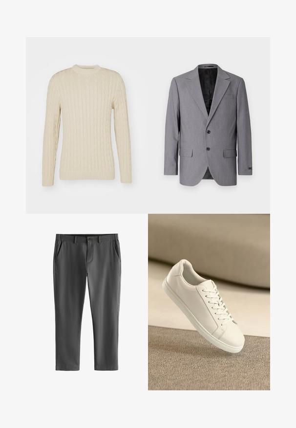 Grijze blazer met een gladde textuur, enkelvoudig gekleed ontwerp, notch revers, twee knopen en twee zijzakken; gevoerde binnenkant zichtbaar.; Kabelgebreide trui in lichtcreme. Heeft een ronde hals, lange mouwen, geribbelde boorden en zoom, met een gestructureerd oppervlakpatroon.; Donkergrijze, op maat gemaakte broek met riemlussen, een knoop- en ritssluiting aan de voorkant, en schuine zakken aan de zijkant, afgebeeld op een witte achtergrond.; Witte leren sneaker met witte veters, weergegeven op een beige textuurovervlak en een zacht vervaagd achtergrond.