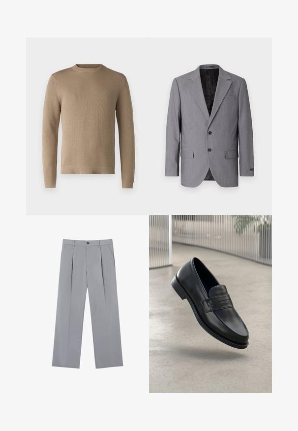 Sivý blazer s hladkou textúrou, jednoradový design, zárezové klopy, dva gombíky a dva bočné vrecká; viditeľné podšívkové vnútro.; Béžový pletený sveter s okrúhlym výstrihom, rebrovanými manžetami a spodným okrajom, a textúrovanou tkaninou, so jednoliatou farbou bez vzorov alebo akcentov.; Sivé plisované nohavice s voľným strihom, vyrobené z ľahkej látky. Obsahujú predné vrecká a zapínanie na gombík v páse.; Čierna kožená mokasína s hladkou textúrou, špicatou špičkou a ozdobným remienkom cez priehlavok. Ľahká podrážka, minimalistický dizajn.