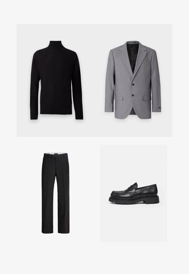 Blazer gris con textura suave, diseño de un solo botón, solapas muesca, dos botones y dos bolsillos laterales; interior forrado visible.; Jersey negro de cuello alto de punto con mangas largas, puños, bajo y cuello de canalé, mostrado sobre un fondo gris claro.; Pantalones negros con corte ajustado; cuentan con un frente plano, dos bolsillos laterales y una textura suave; fabricados con un material ligero y transpirable.; Mocasín negro de cuero con suela gruesa y acanalada y detalle de tira para moneda, mostrado en perfil lateral derecho sobre fondo blanco.