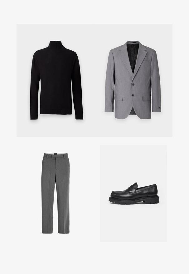 Blazer gris con textura suave, diseño de un solo botón, solapas muesca, dos botones y dos bolsillos laterales; interior forrado visible.; Jersey negro de cuello alto de punto con mangas largas, puños, bajo y cuello de canalé, mostrado sobre un fondo gris claro.; Pantalones gris con una textura suave, diseño de pierna recta y un patrón vertical sutil. Cuenta con trabillas para el cinturón y bolsillos delanteros y traseros.; Mocasín negro de cuero con suela gruesa y acanalada y detalle de tira para moneda, mostrado en perfil lateral derecho sobre fondo blanco.