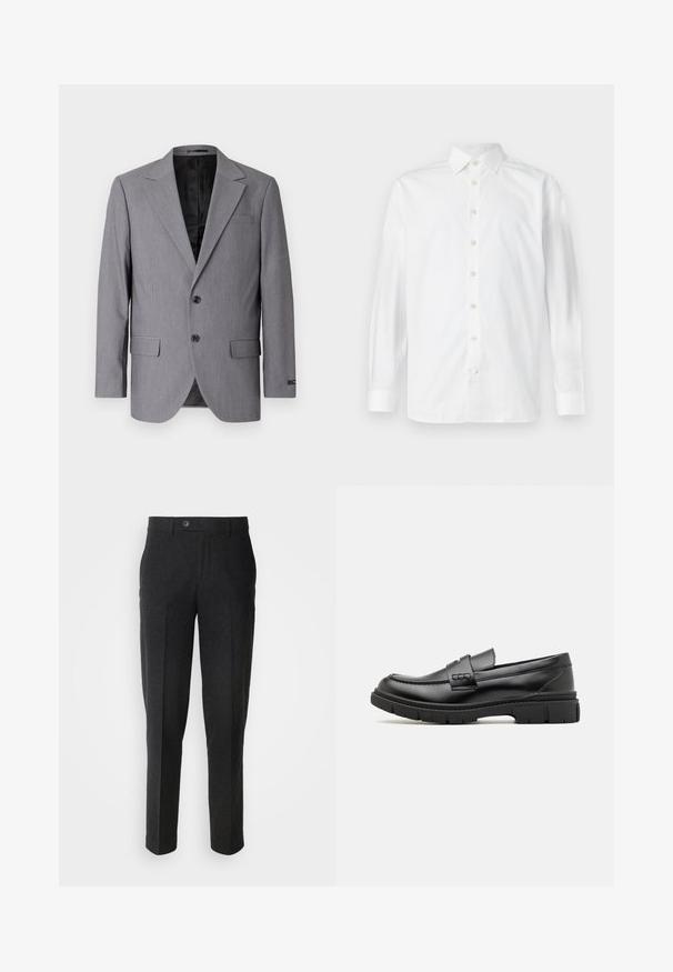 Sivý blazer s hladkou textúrou, jednoradový design, zárezové klopy, dva gombíky a dva bočné vrecká; viditeľné podšívkové vnútro.; Biela košeľa s dlhým rukávom na gombíky, so širokým golierom a zapínaním manžiet na gombíky, zobrazená na bielom pozadí.; Lindbergh Nohavice - black melange; Čierne kožené mokasíny so širokým pásikom cez priehlavok, gumová podrážka s hrubým dezénom a hladký povrch. Klasický, elegantný dizajn.