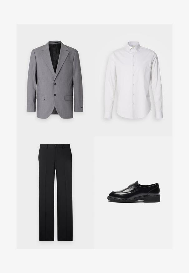 Grå blazer med en glat tekstur, enkeltknappet design, jakkelapper, to knapper og to sidelommer; foret inderside synlig.; Hvid langærmet skjorte med spids krave, knaplukning foran, lavet af et glat stof. Har en subtil stribet tekstur.; Sorte, skræddersyede bukser med lige ben, glat stof, pressefolder foran og en enkelt knaplukning i taljen.; Zign by Zalando LEATHER - Business loafers - black