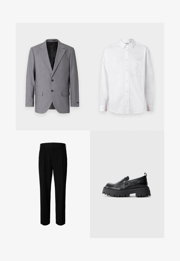 Grå blazer med en glat tekstur, enkeltknappet design, jakkelapper, to knapper og to sidelommer; foret inderside synlig.; Hvid langærmet skjorte med knapper, krave og brystlomme, vist på en ensfarvet lys baggrund.; Sorte formelle bukser med bæltestropper, knap foran og lynlås, vist mod hvid baggrund.; Sorte læder slip-on sko med en kraftig gummisål med tandet kant og dekorativ rem hen over forsiden. Rund tådesign.