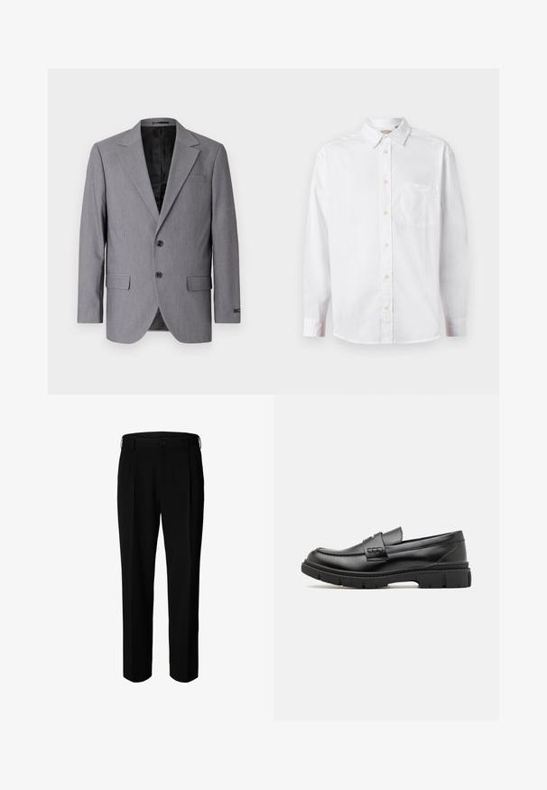 Grauer Blazer mit glatter Textur, einreihigem Design, Reverskragen, zwei Knöpfen und zwei Seitentaschen; gefüttertes Innenfutter sichtbar.; Weißes Langarmhemd mit Knopfleiste, Kragen und Brusttasche, auf einem schlichten hellen Hintergrund präsentiert.; Schwarze formelle Hose mit Gürtelschlaufen, Frontknopf und Reißverschluss, vor weißem Hintergrund dargestellt.; Schwarze Lederloafer mit einem breiten Riemen über dem Rist, Gummisohle mit dicken Profilen und glatter Textur. Klassisches, schlankes Design.