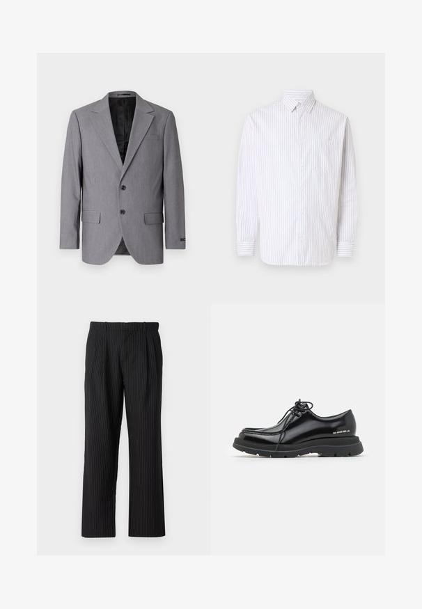 Grauer Blazer mit glatter Textur, einreihigem Design, Reverskragen, zwei Knöpfen und zwei Seitentaschen; gefüttertes Innenfutter sichtbar.; Hemd für Herren mit langen Ärmeln, dünnen vertikalen braunen Streifen, einer einzelnen Brusttasche und einem spitzen Kragen vor weißem Hintergrund.; Jack & Jones JPSTBILL JJDAYTONA WIDE CHINO - Chino - black; Schwarzer Lederschuh mit rundem Zehenbereich, dicker Gummisohle, Schnürdesign und auffälliger Naht entlang der Kante.