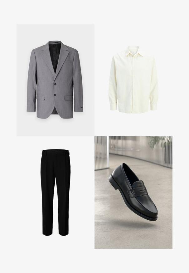 Sivý blazer s hladkou textúrou, jednoradový design, zárezové klopy, dva gombíky a dva bočné vrecká; viditeľné podšívkové vnútro.; Dlhý rukáv, off-white košeľa s gombíkmi a klasickým golierom, zobrazená na bielom pozadí.; Čierne formálne nohavice s pútkami na opasok, predným gombíkom a zipsom, zobrazené na bielom pozadí.; Čierna kožená mokasína s hladkou textúrou, špicatou špičkou a ozdobným remienkom cez priehlavok. Ľahká podrážka, minimalistický dizajn.