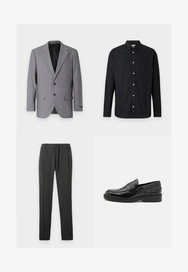 Grauer Blazer mit glatter Textur, einreihigem Design, Reverskragen, zwei Knöpfen und zwei Seitentaschen; gefüttertes Innenfutter sichtbar.; Schwarzes Langarm-Hemd mit Knöpfen, Kragen und Brusttasche, auf einem hellen Hintergrund präsentiert.; Dunkelgraue Hose aus strukturiertem Stoff, mit geradem Bein, vorderem Bundfalten und verstellbarem Gummibund. Keine sichtbaren Taschen oder Akzente.; Schwarze Lederloafers mit glatter Oberfläche, abgerundetem Zehenbereich, niedrigem Absatz und dekorativer Naht entlang der Vorderseite. Gummisohle für guten Halt.