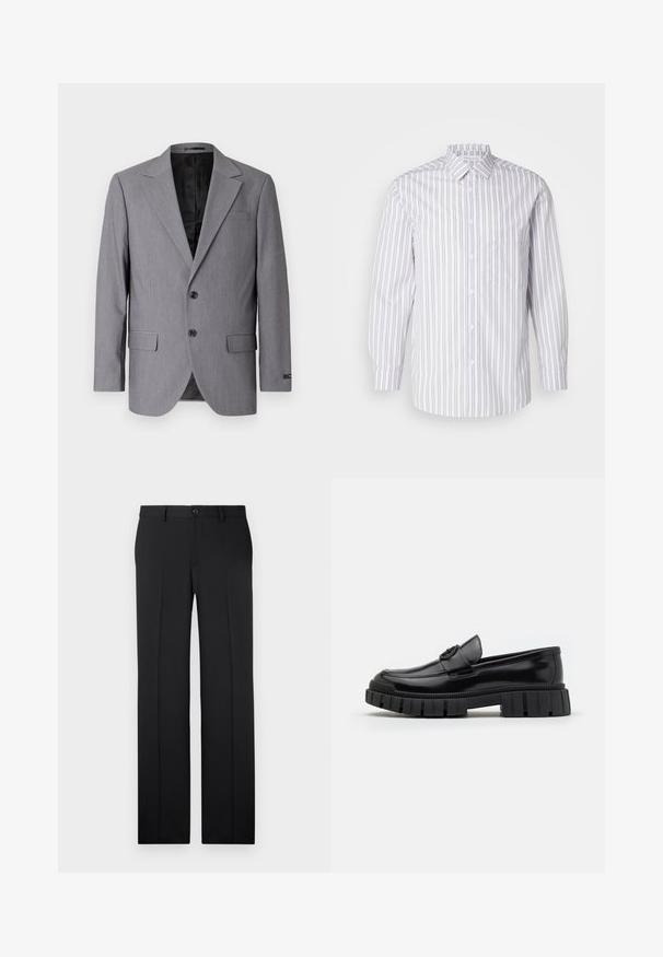 Sivý blazer s hladkou textúrou, jednoradový design, zárezové klopy, dva gombíky a dva bočné vrecká; viditeľné podšívkové vnútro.; Prúžkovaná košeľa na gombíky s vertikálnymi sivými a bielymi pruhmi, dlhými rukávmi, golierom a vreckom na hrudi. Hladká textúra materiálu.; Čierne, prispôsobené nohavice so strihom s rovnými nohavicami, hladká látka, predné záhyby a jediné zapínanie na gombík v oblasti pása.; Čierne kožené mokasíny s hrubými, zvlnenými gumovými podrážkami. S okrúhlou špičkou a dekoratívnym pásikom s logom. Hladký povrch.