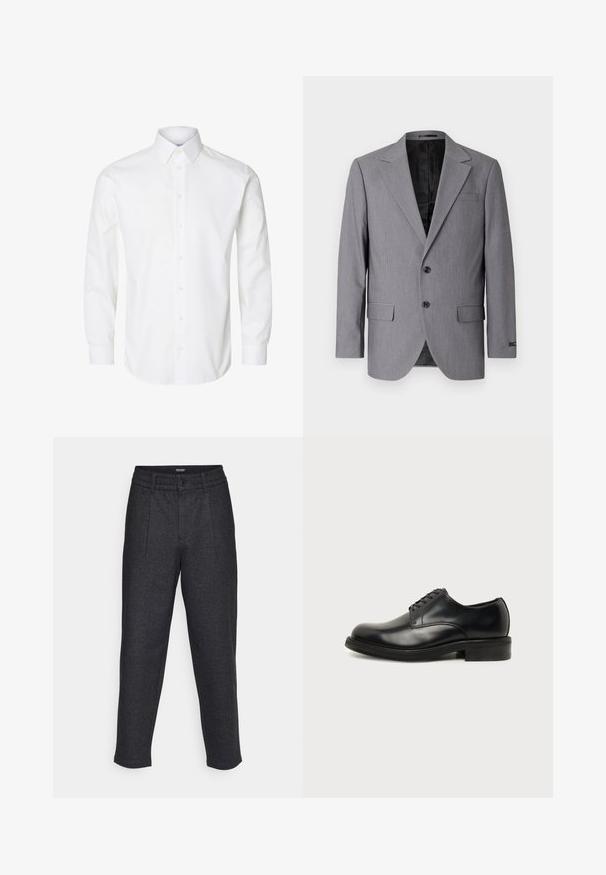 Grijze blazer met een gladde textuur, enkelvoudig gekleed ontwerp, notch revers, twee knopen en twee zijzakken; gevoerde binnenkant zichtbaar.; Wit overhemd met lange mouwen, een puntige kraag, zichtbare knopen vooraan en knoopmanchetten.; Jack & Jones PREMIUM JPSTKARL JJREESE TAPERED - Chino - dark grey; Zwarte gepolijste leren herenschoen met gesloten vetersluiting, ronde neus en lage hak op een effen lichte achtergrond.