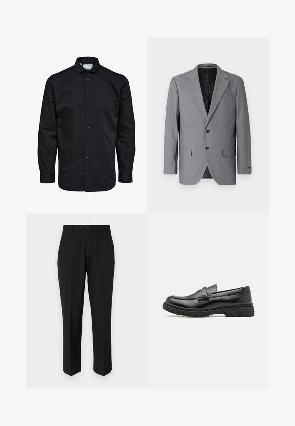 Grijze blazer met een gladde textuur, enkelvoudig gekleed ontwerp, notch revers, twee knopen en twee zijzakken; gevoerde binnenkant zichtbaar.; Heren zwarte blouse met lange mouwen met knoopsluiting aan de voorkant en klassieke kraag, gemaakt van gladde stof.; Zwarte broeken van soepele stof, met een rechte pijpconstructie, vo pockets, een enkele knoopsluiting en geen zichtbare patronen.; Zwarte leren instapper met een brede band over de voet, rubberen zool met dikke noppen en een gladde textuur. Klassiek, strak ontwerp.