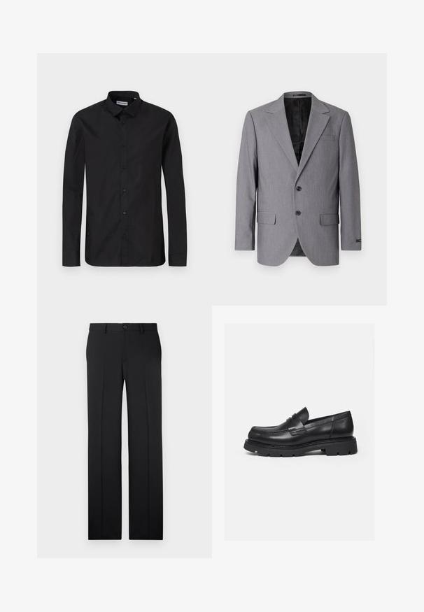 Grå blazer med en glat tekstur, enkeltknappet design, jakkelapper, to knapper og to sidelommer; foret inderside synlig.; Sorte langærmede skjorte med klassisk krave, lavet af glat stof, med frontknapper og en almindelig pasform.; Sorte, skræddersyede bukser med lige ben, glat stof, pressefolder foran og en enkelt knaplukning i taljen.; Sort læderloafer med tyk rillede sål og penny-remdetalje, vist i højre sideprofil på hvid baggrund.