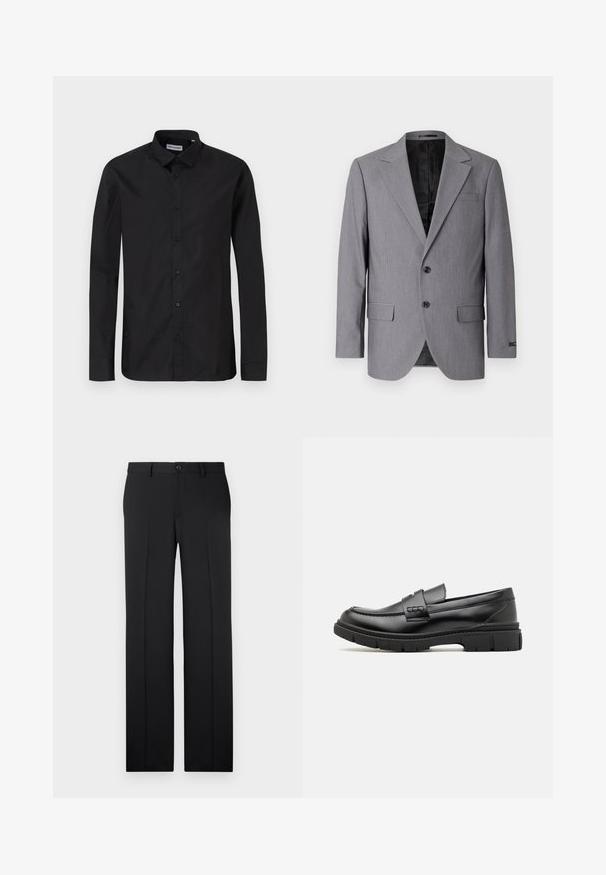 Grå blazer med en glat tekstur, enkeltknappet design, jakkelapper, to knapper og to sidelommer; foret inderside synlig.; Sorte langærmede skjorte med klassisk krave, lavet af glat stof, med frontknapper og en almindelig pasform.; Sorte, skræddersyede bukser med lige ben, glat stof, pressefolder foran og en enkelt knaplukning i taljen.; Sort læder loafersko med en bred rem over forfoden, gummisål med tykke mønstre og glat overflade. Klassisk, slankt design.