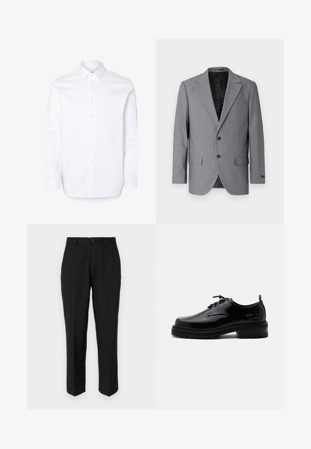 Grauer Blazer mit glatter Textur, einreihigem Design, Reverskragen, zwei Knöpfen und zwei Seitentaschen; gefüttertes Innenfutter sichtbar.; Weißes Hemd mit langen Ärmeln, klassischem Kragen und geknöpften Manschetten.; Schwarze Hosen aus glattem Stoff mit geradem Bein, Fronttaschen, einem einzigen Knopfverschluss und ohne sichtbare Muster.; Schwarzer polierter Lederschnürschuh mit dicker Gummisohle und niedrigem Absatz, seitlichem Marken-Schriftzug "SAMSOE" und hinterer Zuglasche.