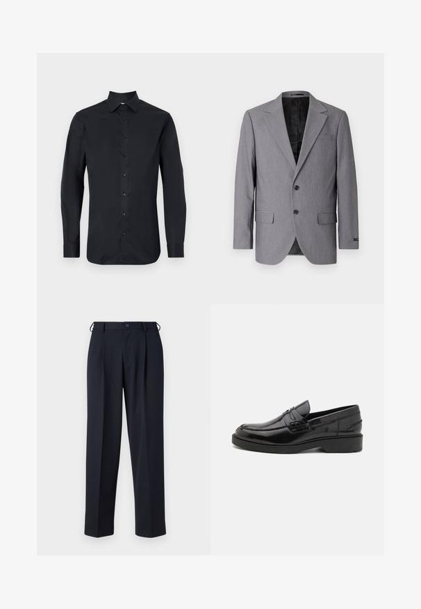 Blazer gris avec une texture lisse, design à boutonnière simple, revers crantés, deux boutons et deux poches latérales ; intérieur doublé visible.; Chemise noire à manches longues en tissu lisse, avec un col classique, une fermeture à boutons à l'avant et des poignets à boutons.; Pantalon bleu marine sur mesure avec fermeture devant par bouton et zip, passants de ceinture et poches latérales, présenté sur un fond blanc.; Mocassins en cuir noir avec une finition lisse, un bout rond, un petit talon et descoutures décoratives à l'avant. Semelle en caoutchouc pour l'adhérence.