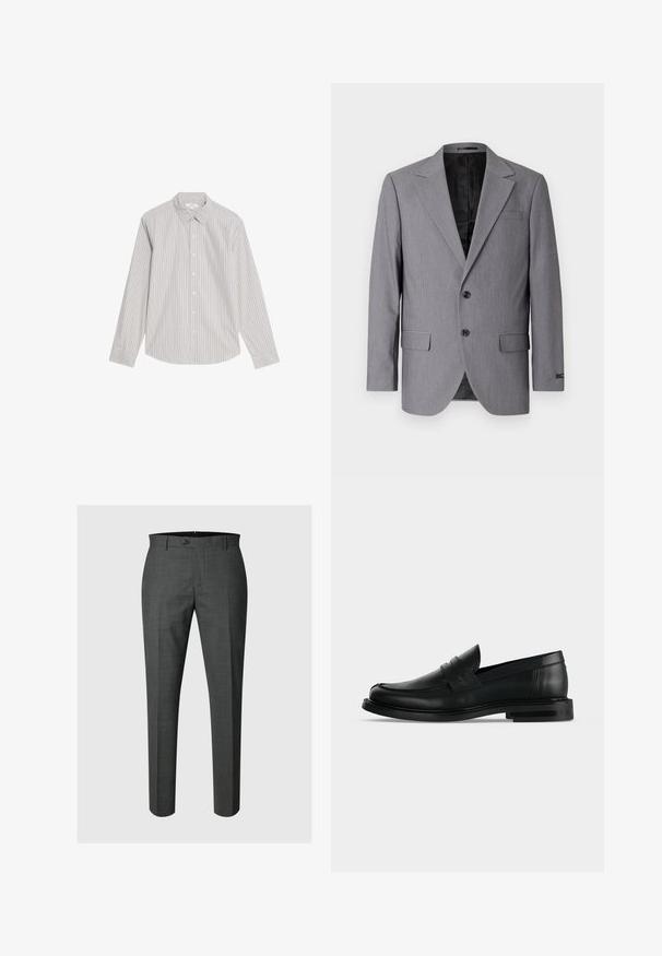 Grå blazer med en glat tekstur, enkeltknappet design, jakkelapper, to knapper og to sidelommer; foret inderside synlig.; Marks & Spencer STRIPED OXFORD - Skjorter - natural mix; Mørkegrå skræddersyede formelle bukser med knaplukning og bæltestropper, vist mod en lysegrå baggrund.; Sort læder herre penny loafer med lav stablet hæl og rundet tå vist fra siden på lys grå baggrund.