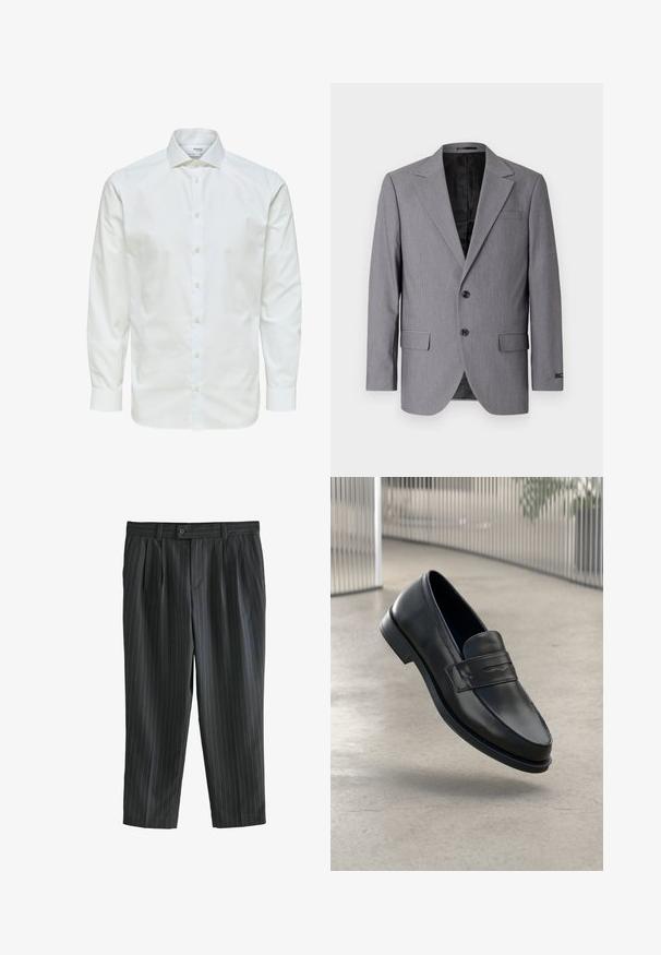 Sivý blazer s hladkou textúrou, jednoradový design, zárezové klopy, dva gombíky a dva bočné vrecká; viditeľné podšívkové vnútro.; Biela košeľa s dlhými rukávmi, zapínaná na gombíky vpredu so špicatým golierom, zobrazená na bielom pozadí.; Šedé pruhované nohavice s plissé prednou časťou, vyrobené z hladkej tkaniny, so zapínaním na gombík a rovnými nohavicami.; Čierna kožená mokasína s hladkou textúrou, špicatou špičkou a ozdobným remienkom cez priehlavok. Ľahká podrážka, minimalistický dizajn.