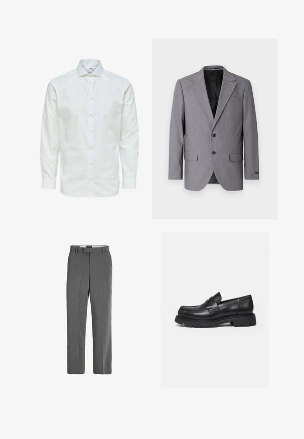 Grå blazer med en glat tekstur, enkeltknappet design, jakkelapper, to knapper og to sidelommer; foret inderside synlig.; Hvid skjorte med lange ærmer med knaplukning foran og spids krave, vist mod en hvid baggrund.; Grå bukser med en glat tekstur, lige ben-design og subtilt lodret mønster. Har remsløjfer samt for- og baglommer.; Sort læderloafer med tyk rillede sål og penny-remdetalje, vist i højre sideprofil på hvid baggrund.