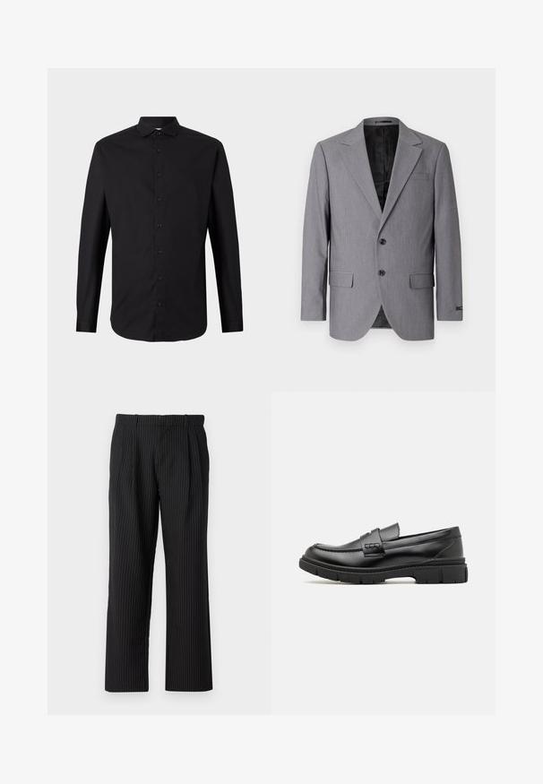 Grå blazer med en glat tekstur, enkeltknappet design, jakkelapper, to knapper og to sidelommer; foret inderside synlig.; Sort langærmet skjorte lavet af vævet stof, med knaplukning fortil, krave og klassisk pasform. Glat tekstur og minimalistisk design.; Jack & Jones Classic Wide Leg Fit - Bukser - black; Sort læder loafersko med en bred rem over forfoden, gummisål med tykke mønstre og glat overflade. Klassisk, slankt design.