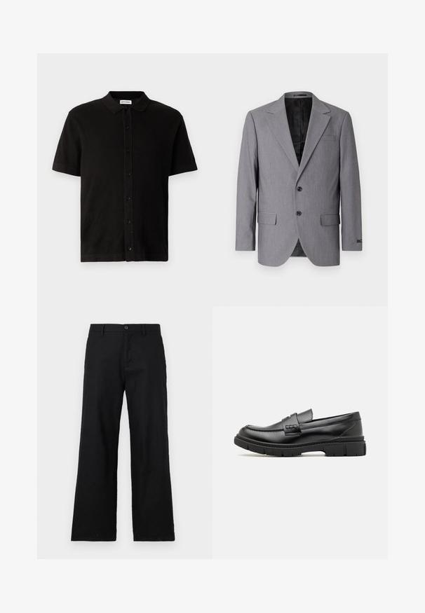 Grå blazer med en glat tekstur, enkeltknappet design, jakkelapper, to knapper og to sidelommer; foret inderside synlig.; Sort kortærmet poloshirt lavet af tekstureret stof med en knaplukning foran og en klassisk krave. Har en lige søm.; Sorte straight-leg bukser lavet af bomuld, med knaplukning og bæltestropper. Glat tekstur uden synlige mønstre eller accenter.; Sort læder loafersko med en bred rem over forfoden, gummisål med tykke mønstre og glat overflade. Klassisk, slankt design.
