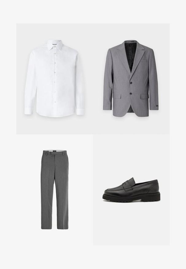 Grå blazer med en glat tekstur, enkeltknappet design, jakkelapper, to knapper og to sidelommer; foret inderside synlig.; Hvid langærmet skjorte med klassisk krave, knappet front og rundet forneden. Fremstillet af glat bomuldsstof uden mønstre.; Grå bukser med en glat tekstur, lige ben-design og subtilt lodret mønster. Har remsløjfer samt for- og baglommer.; Sort læder loafersko med rund tå, syningsdetaljer og en tyk, struktureret sål. Har et elegant, minimalistisk design.