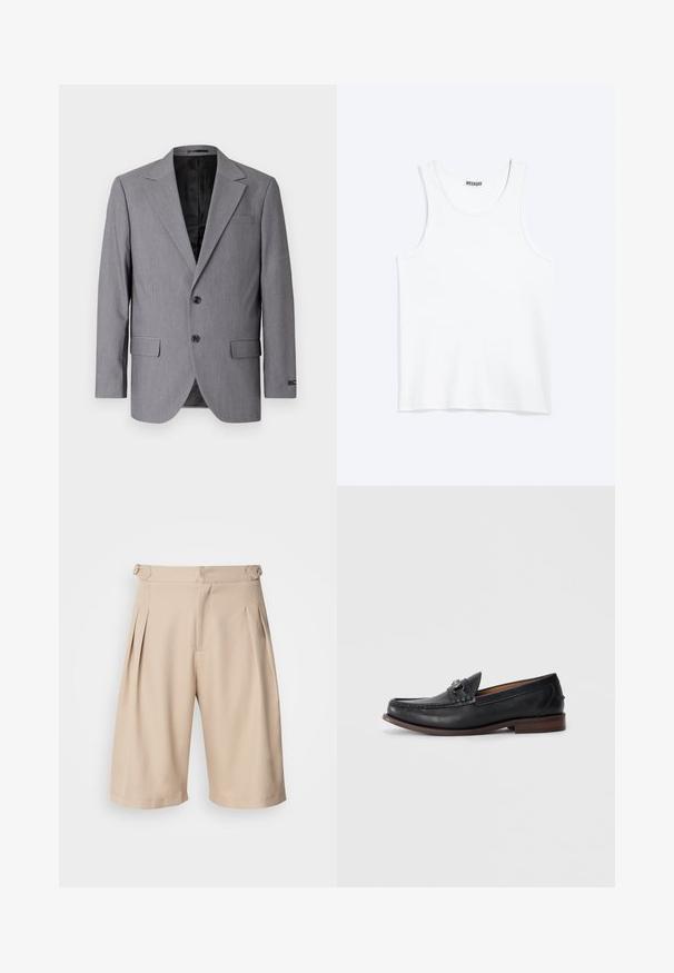 Blazer gris avec une texture lisse, design à boutonnière simple, revers crantés, deux boutons et deux poches latérales ; intérieur doublé visible.; Débardeur blanc sans manches avec col rond et étiquette de la marque Weekday à l'intérieur du col arrière, présenté à plat sur un fond clair.; Shorts plissés beige au design ajusté, avec une texture lisse et des poches latérales, fermés par une fermeture éclair discrète à la taille.; Mocassins en cuir noir avec un bout arrondi, des détails décoratifs à l'avant et une semelle en cuir brun contrastante. Texture lisse et design à enfiler.