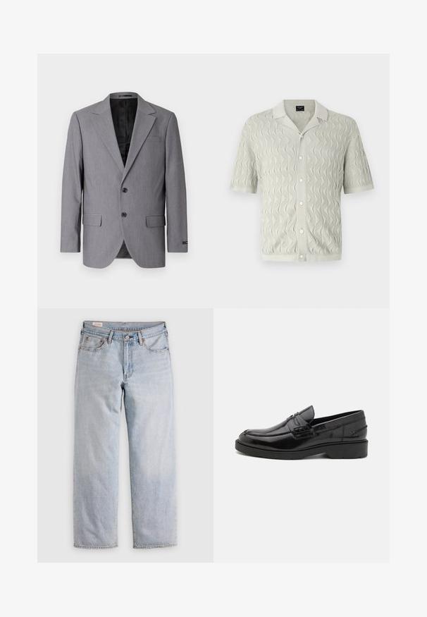 Sivý blazer s hladkou textúrou, jednoradový design, zárezové klopy, dva gombíky a dva bočné vrecká; viditeľné podšívkové vnútro.; Krátky rukáv, svetlosivá pletená košeľa s vlnovým vzorom, golierom a gombíkovým zapínaním, vyrobená z textúrovanej tkaniny.; Svetlomodré rovné nohavice s vysokým pásom, zapínaním na gombík a prednými i zadnými vreckami, vystavené na rovnej ploche.; Čierne kožené mokasíny s hladkým povrchom, zaoblenou špičkou, nízkym podpätkom a dekoratívnym prešívaním na prednej strane. Gumová podrážka pre lepšiu priľnavosť.