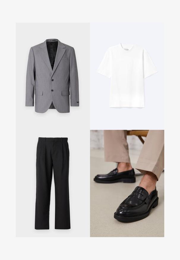 Sivý blazer s hladkou textúrou, jednoradový design, zárezové klopy, dva gombíky a dva bočné vrecká; viditeľné podšívkové vnútro.; Jednoduché biele tričko s krátkym rukávom a okrúhlym výstrihom v uvoľnenom strihu, zobrazené na svetlom pozadí.; Jack & Jones Classic Wide Leg Fit - Nohavice - black; Čierne kožené poltopánky s hladkým povrchom, so zdobným remienkom a kontrastným prešívaním, skombinované s béžovými nohavicami.