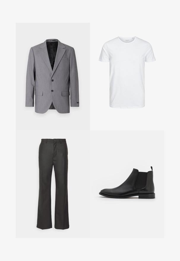Grauer Blazer mit glatter Textur, einreihigem Design, Reverskragen, zwei Knöpfen und zwei Seitentaschen; gefüttertes Innenfutter sichtbar.; Rundhals-T-Shirt mit kurzen Ärmeln in reinem Weiß, aus weicher Baumwolle, mit einem schlichten Design ohne sichtbare Muster oder Akzente.; forét Stoffhose - dark grey; Schwarze Leder-Chelsea-Stiefel mit elastischen seitlichen Riemen, einer abgerundeten Kappe und einem niedrigen Absatz. Glatte Textur mit minimalistischer Gestaltung.