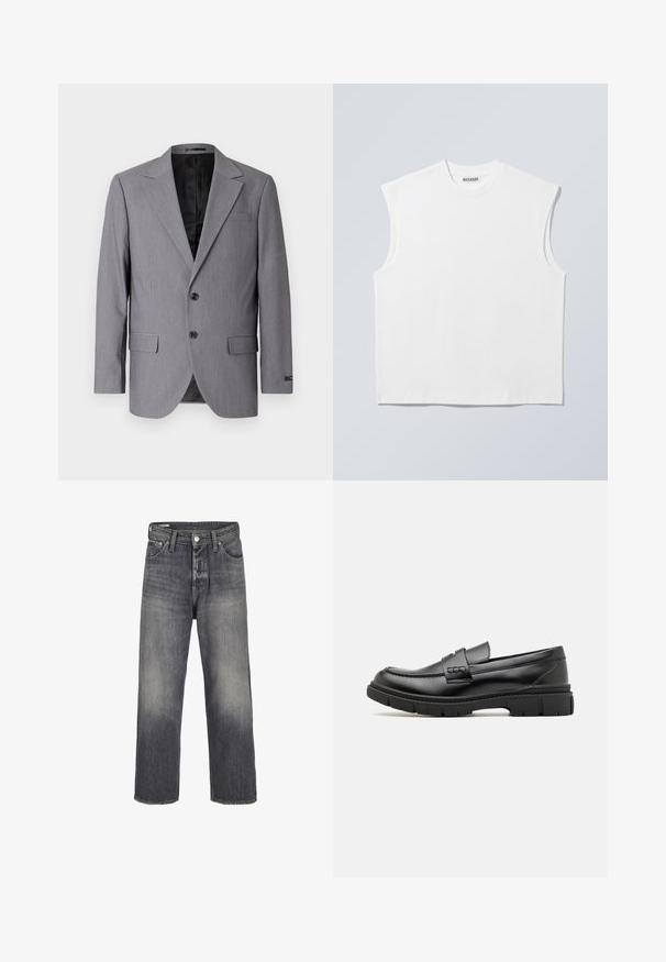 Blazer gris avec une texture lisse, design à boutonnière simple, revers crantés, deux boutons et deux poches latérales ; intérieur doublé visible.; Haut blanc sans manches en coton à col rond avec épaules structurées, marqué "WEEKDAY" sur l'étiquette du col, présenté sur un fond gris clair.; Jeans en denim de couleur noir délavé, avec une coupe droite, un style à cinq poches et une fermeture à bouton en métal à la taille.; Mocassin en cuir noir avec une large sangle sur le devant, semelle en caoutchouc à épaisse rainure, et texture lisse. Design classique et élégant.