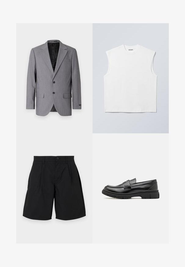 Blazer gris avec une texture lisse, design à boutonnière simple, revers crantés, deux boutons et deux poches latérales ; intérieur doublé visible.; Haut blanc sans manches en coton à col rond avec épaules structurées, marqué "WEEKDAY" sur l'étiquette du col, présenté sur un fond gris clair.; Shorts noirs en tissu lisse, avec une fermeture à bouton, deux plis sur le devant et des poches latérales, offrant une coupe décontractée et un ourlet droit.; Mocassin en cuir noir avec une large sangle sur le devant, semelle en caoutchouc à épaisse rainure, et texture lisse. Design classique et élégant.
