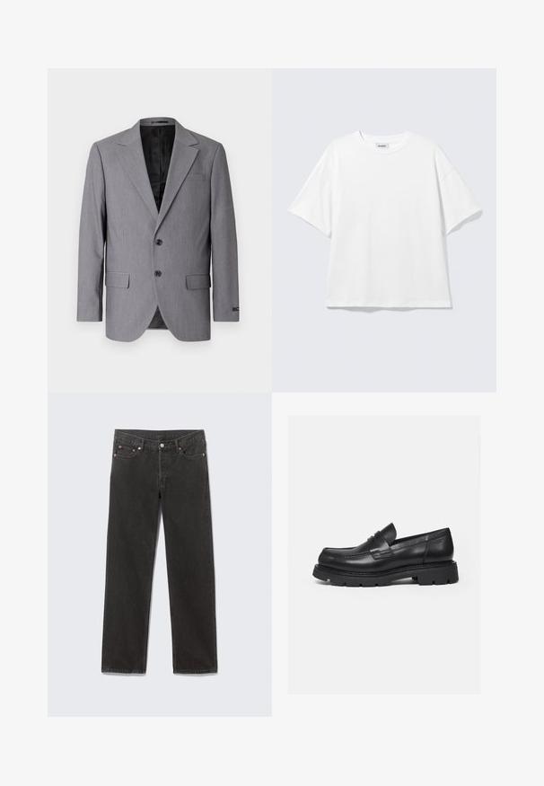 Grauer Blazer mit glatter Textur, einreihigem Design, Reverskragen, zwei Knöpfen und zwei Seitentaschen; gefüttertes Innenfutter sichtbar.; Weißes oversized T-Shirt mit kurzen Ärmeln und Rundhalsausschnitt mit eingesetzten Schultern, flach auf hellgrauem Hintergrund.; Schwarze Denim-Jeans mit geradem Bein, vorderen Taschen, Gürtelschlaufen und Knopfverschluss, flach auf einem grauen Hintergrund liegend.; Schwarzer Lederloafer mit dicker, profilierter Sohle und Pennyriemen-Detail, von der rechten Seitenansicht auf weißem Hintergrund gezeigt.