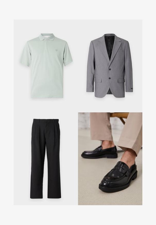 Blazer gris con textura suave, diseño de un solo botón, solapas muesca, dos botones y dos bolsillos laterales; interior forrado visible.; Camiseta polo verde claro con cuello texturizado, mangas cortas y emblema bordado en el lado izquierdo del pecho. Acabado de tela suave.; Jack & Jones Classic Wide Leg Fit - Pantalones - black; Mocasines de cuero negro con un acabado suave, que cuentan con una correa decorativa y costuras en contraste, combinados con pantalones beiges.