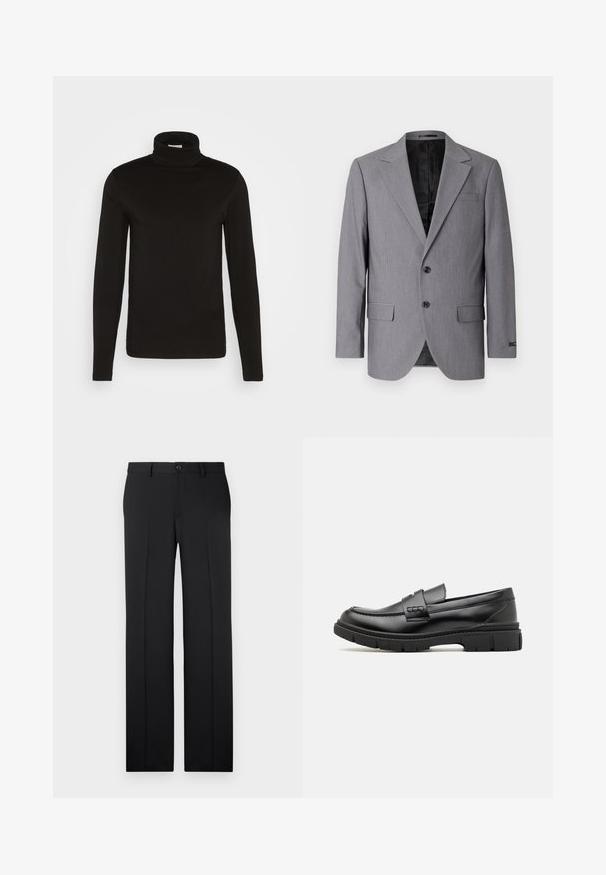 Grå blazer med en glat tekstur, enkeltknappet design, jakkelapper, to knapper og to sidelommer; foret inderside synlig.; Sort turtleneck langærmet skjorte lavet af et glat stof med en tætsiddende design og en høj, tætsiddende krave. Ingen mønstre eller accenter synlige.; Sorte, skræddersyede bukser med lige ben, glat stof, pressefolder foran og en enkelt knaplukning i taljen.; Sort læder loafersko med en bred rem over forfoden, gummisål med tykke mønstre og glat overflade. Klassisk, slankt design.