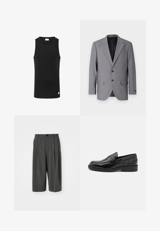 Blazer gris con textura suave, diseño de un solo botón, solapas muesca, dos botones y dos bolsillos laterales; interior forrado visible.; Top sin mangas negro hecho de tejido acanalado, con un escote redondo y una pequeña etiqueta de logo en el dobladillo. Diseño simple y ajustado.; Pantalones cortos de pierna ancha a rayas grises con cierre de botón y parte delantera plisada. Hechos de una tela texturizada, con un diseño a medida.; Mocasines de cuero negro con un acabado suave, punta redondeada, tacón bajo y costura decorativa en la parte delantera. Suela de goma para mayor agarre.