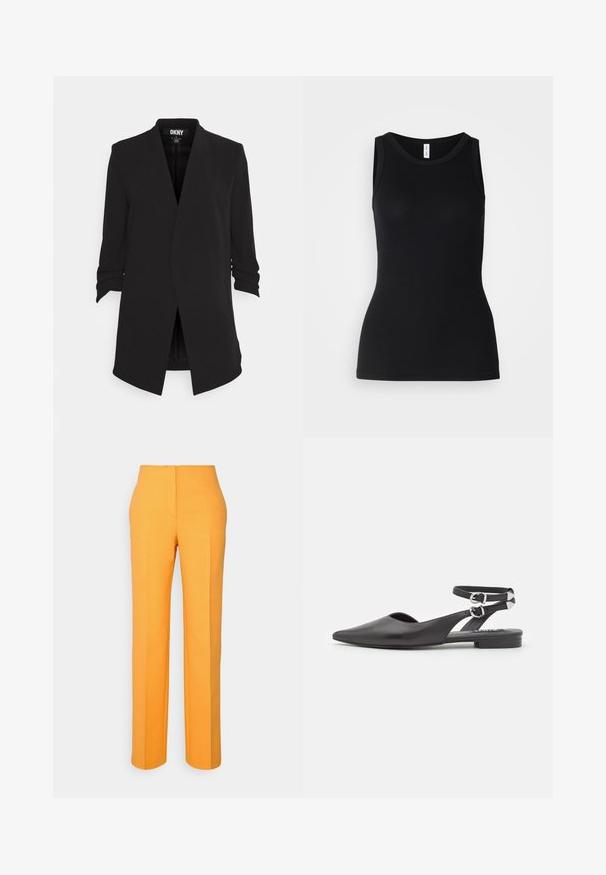 DKNY FOUNDATION OPEN FRONT JACKET POCKETS - Blazer - black; Zwarte mouwloze tanktop van ribbelstof, met een ronde halslijn en een nauwsluitend ontwerp, met een gladde textuur en zonder patronen.; MAX&Co. YOKO - Broek - mandarino; Zwarte leren platte schoenen met een puntige neus, enkelbandje en gespsluiting. Heeft een kleine, lage hak en een open zijkant.