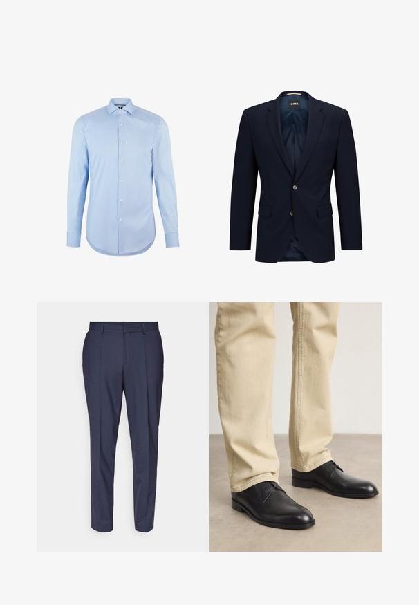 Blazer navy de tela suave con solapas de pico, dos botones, dos bolsillos frontales y forro de satén en el interior.; Camisa de manga larga azul claro confeccionada en algodón, con cuello de punta, botones en la parte frontal y dobladillo redondeado. Textura suave sin patrones.; Pantalones de vestir azul marino con corte recto, fabricados en tejido texturizado, que presentan pliegues frontales, trabillas para cinturón y bolsillos laterales.; Zapatos de cuero negro con cordones, puntera redondeada, acabado suave y sutiles detalles de costura, combinados con pantalones de color beige claro.