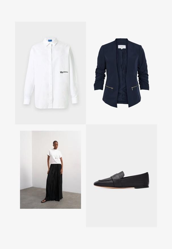 Marineblazer med en glat tekstur, rynkede ærmer, åben front og to gyldne lynlåslommer. Foret inderside med et mærke ved halsen.; Hvid skjorte med lange ærmer, knapper og krave samt sort tekstlogo "KARL LAGERFELD JEANS" på venstre bryst.; Kvinde stående indendørs iført en hvid kortærmet top, lang sort plisseret nederdel, sorte sandaler og en rund vedhængs halskæde.; Sort læderflad loafer med spids tå, bred rem over fronten og lys brun sål, vist i profil på hvid baggrund.