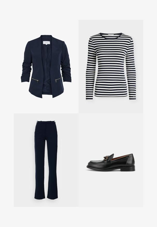 Blazer marine à la texture lisse, manches froncées, devant ouvert et deux poches zippées dorées. Intérieur doublé avec une étiquette au niveau du cou.; Chemise à manches longues avec des rayures horizontales bleu marine et blanches et un col rond, brandée GANT sur le bord de la manche.; Pantalon bleu marine avec une coupe droite, fabriqué dans un tissu lisse, avec passants de ceinture et fermeture à glissière à l'avant.; Mocassin en cuir noir avec un petit talon, un bout arrondi et un détail de boucle métallique décorative à l'avant.