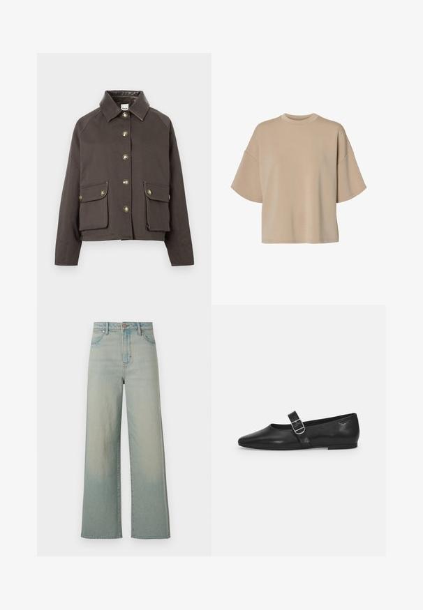 Chaqueta de algodón marrón con cuello tipo solapa, cierre de botones en el frente y dos bolsillos con tapa. Presenta botones dorados y acentos de costura en contraste.; Camiseta de manga corta oversize beige con cuello redondo y hombros caídos, mostrada sobre fondo blanco.; Wrangler LOOSE STRAIGHT - Vaqueros holgados - silver lake; Zapato plano de cuero negro con punta redondeada, una sola correa ajustable con hebilla y una textura suave y brillante. Diseño minimalista con un tacón bajo.