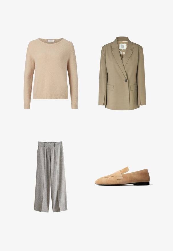 Blazer kaki avec un revers cranté, fermeture à un bouton, deux poches avant et une doublure intérieure lisse. Design structuré avec des manches longues.; Pull en tricot beige avec un col rond, des manches longues et un ourlet côtelé. Texture douce et coupe décontractée. Étiquette visible au niveau du col.; Pantalon gris en laine à jambes larges avec passants de ceinture, plis à l'avant et poches latérales, présenté sur un fond blanc.; Mocassin en daim marron clair avec un petit talon noir et une large lanière sur le dessus, présenté de profil sur fond blanc.