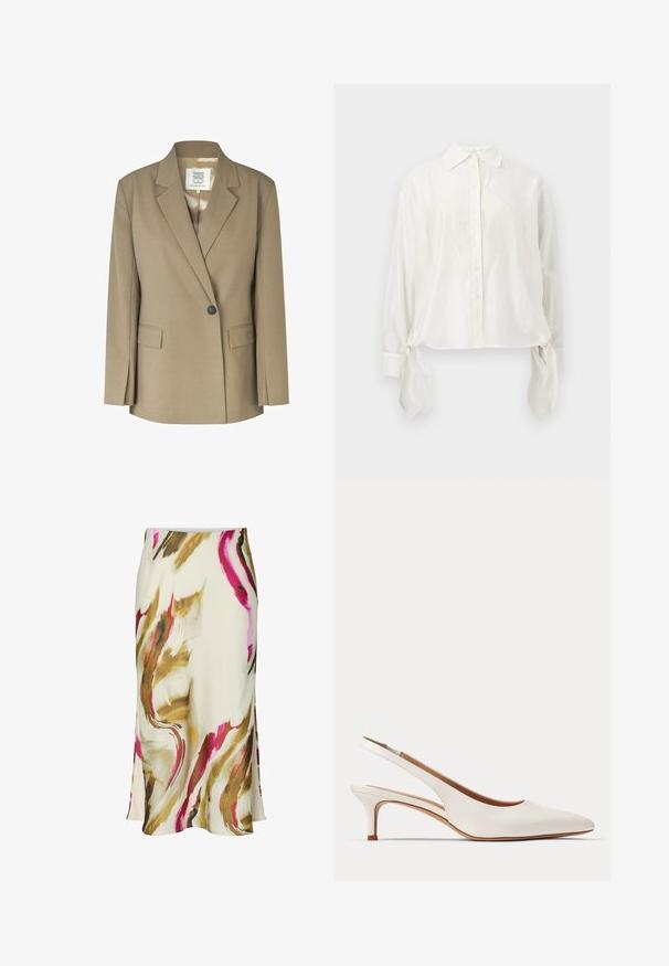 Khaki-Blazer mit einem Reverskragen, Ein-Knopf-Verschluss, zwei vorderen Taschen und einem glatten Innenfutter. Strukturiertes Design mit langen Ärmeln.; Weiße, langärmelige, zum Knöpfen geeignete Bluse mit spitzem Kragen und Stoffbändern, die von jeder Manschette hängen, auf neutralem Hintergrund dargestellt.; Cremefarbener Rock mit fließenden abstrakten Mustern in Pink, Gold und Braun, mit einer glatten, leicht ausgestellten Silhouette.; Weißer Lederslingback-Kittenheel-Schuh mit spitzer Schuhspitze und niedrigem Absatz auf hellem, einfarbigem Hintergrund.