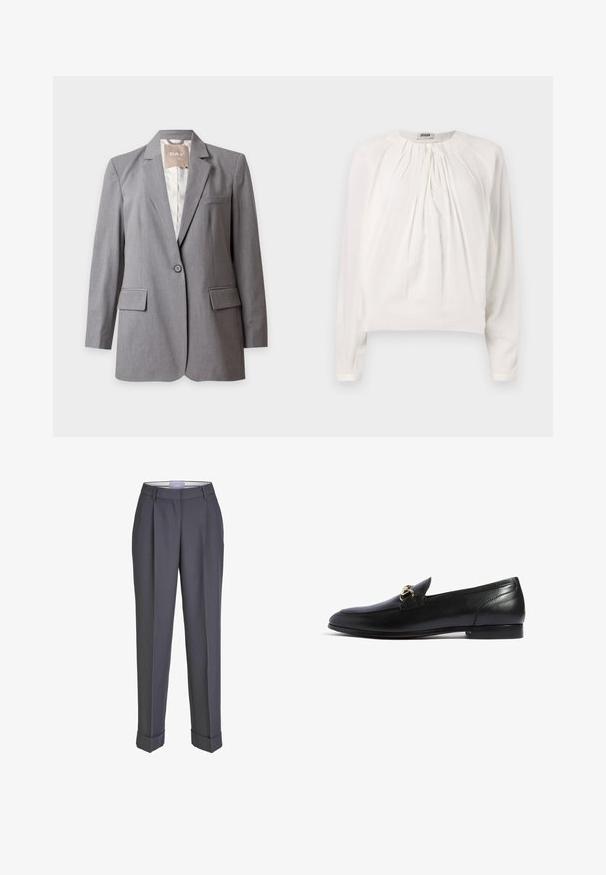 Lichtgrijze op maat gemaakte blazer met één knoop, met inkeping revers en klepzakken, weergegeven op een effen witte achtergrond.; Witte blouse met lange mouwen, ronde hals en geplooide voorkant. Zacht, glad materiaal met een comfortabele pasvorm en knoopdetails bij de kraag.; Donkergrijze op maat gemaakte broek met een recht gesneden ontwerp, geplooid voorpand en omslagmanchetten. Gemaakt van soepel materiaal, met een klassieke tailleband.; Scarosso ALESSANDRA - Instappers - black calf