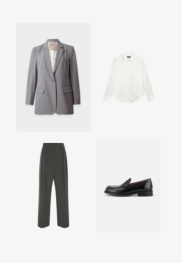 Lichtgrijze op maat gemaakte blazer met één knoop, met inkeping revers en klepzakken, weergegeven op een effen witte achtergrond.; Witte blouse met lange mouwen, kraag en manchetten, plat gelegd met de knopen dicht aan de voorkant in het midden.; Grijze wijde broek van gestructureerde stof, met een hoge taille en plooien aan de voorkant. Het ontwerp heeft een gladde tailleband en geen zichtbare sluitingen.; Zwarte leren instapschoen met lage hak, ronde neus en mocassinachtige stiksels bovenop, gezien vanaf de buitenkant.